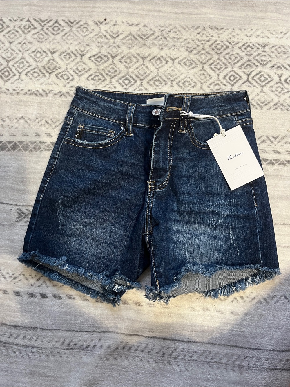 KanCan Dark Blue Frayed Hem Denim Shorts